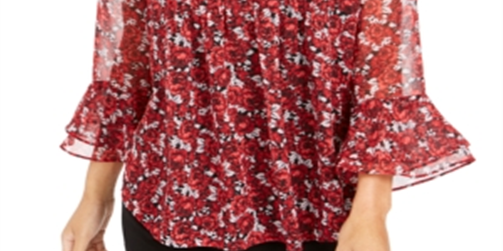 Charter Club Women's Floral Print Bell Sleeve Top Red Floral  Size Petite S