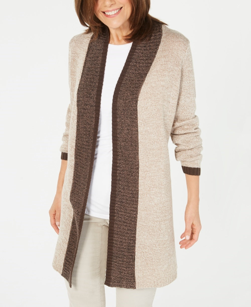 Karen Scott Women's Contrast Trim Open Front Cardigan Brown Size Large