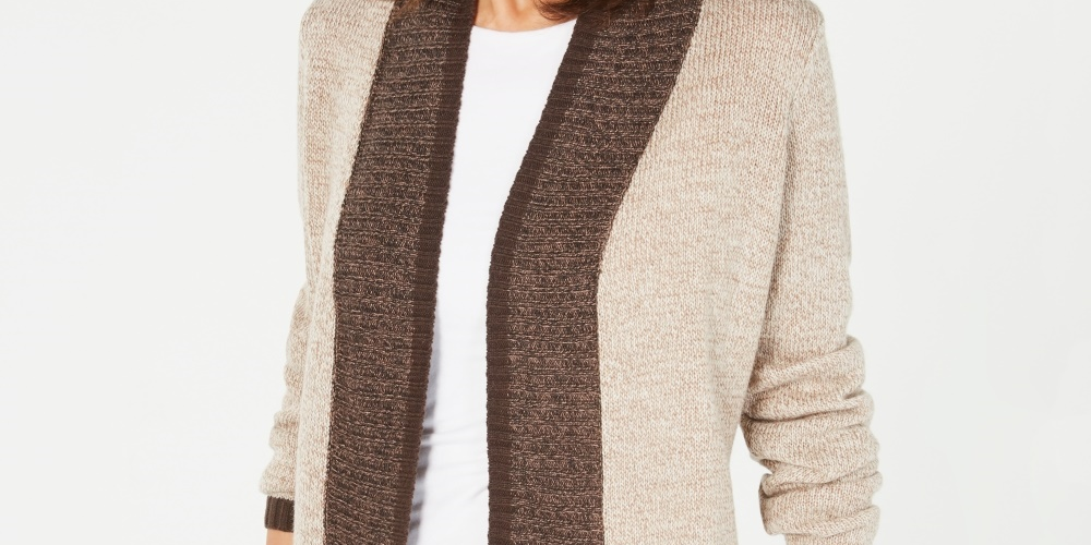 Karen Scott Women's Contrast Trim Open Front Cardigan Brown Size Large