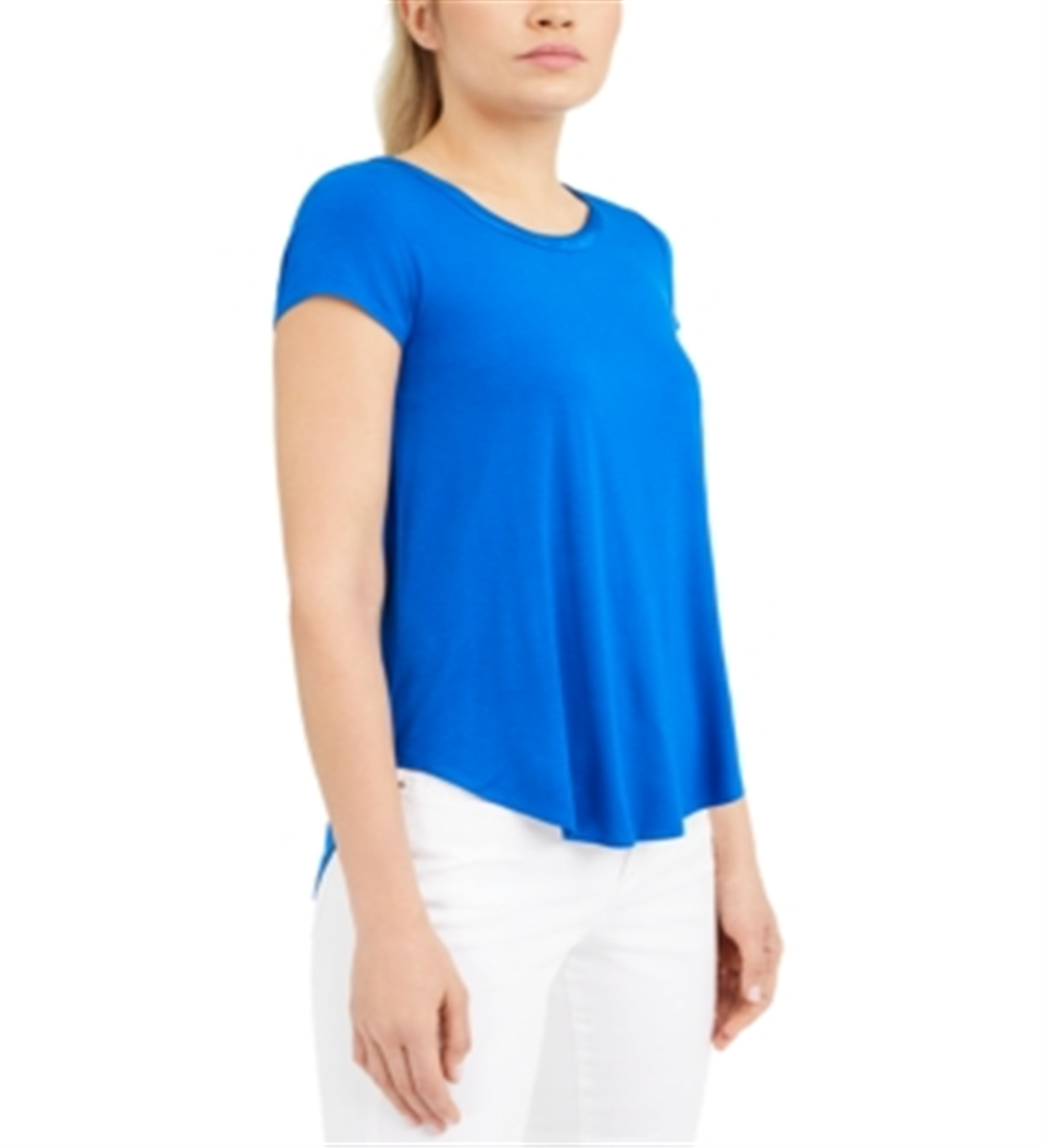 Alfani Women's Satin Trim High Low T-Shirt Blue Size Petite L