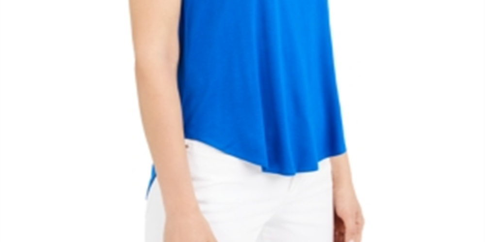 Alfani Women's Satin Trim High Low T-Shirt Blue Size Petite L