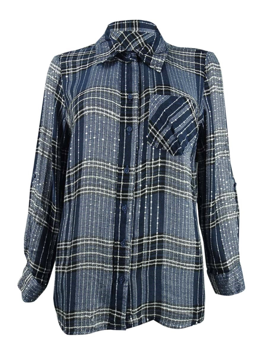 Style & Co Women's Plaid Shirt Sparkling Blue Size Petite M