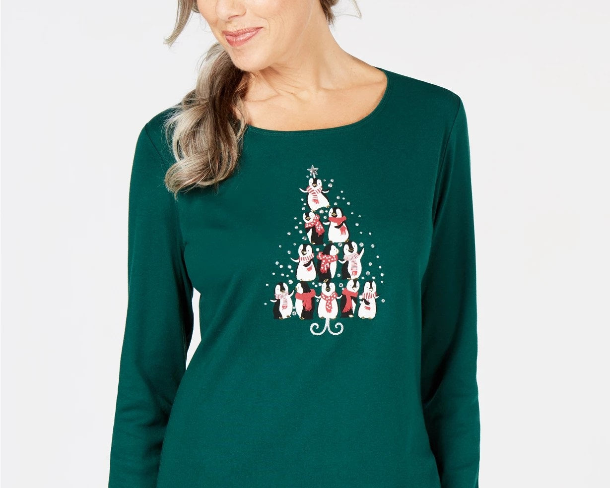 Karen Scott Women's Penguin Tree Graphic Top Green Size Medium