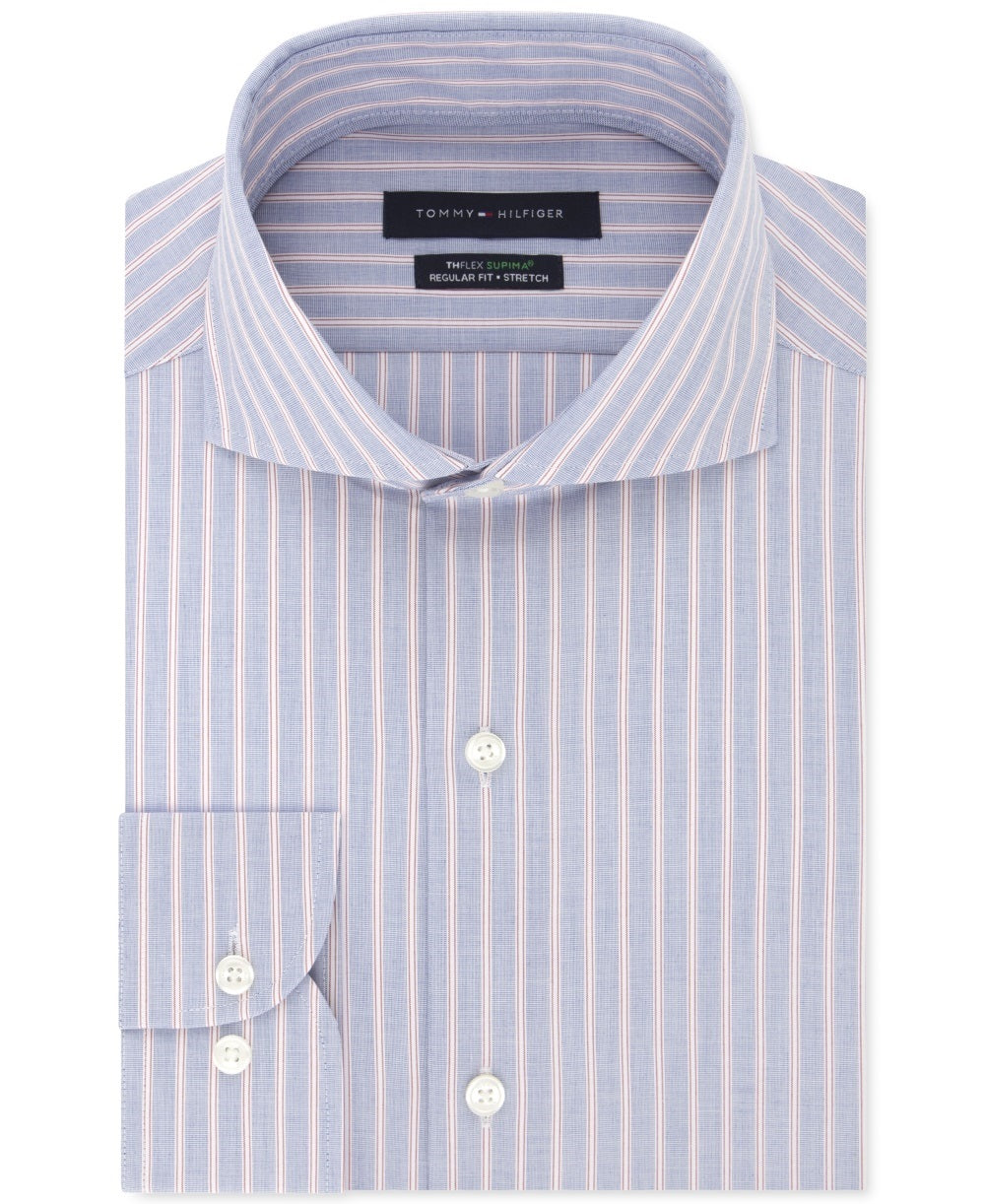 Tommy Hilfiger Men's Classic Regular Fit Non Iron Thflex Stretch Stripe Dress Shirt Red Size 15X32X33