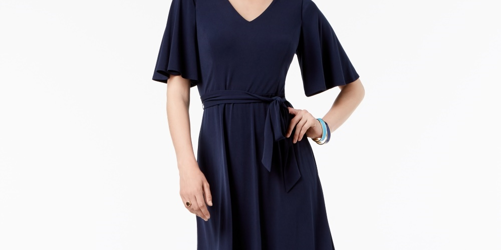 Charter Club Women's Belted A Line Dress Blue Size Petite Small