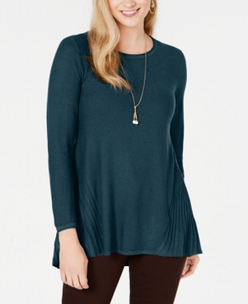 Style & Co Women's Pleated High Low Sweater Green Size Petite M