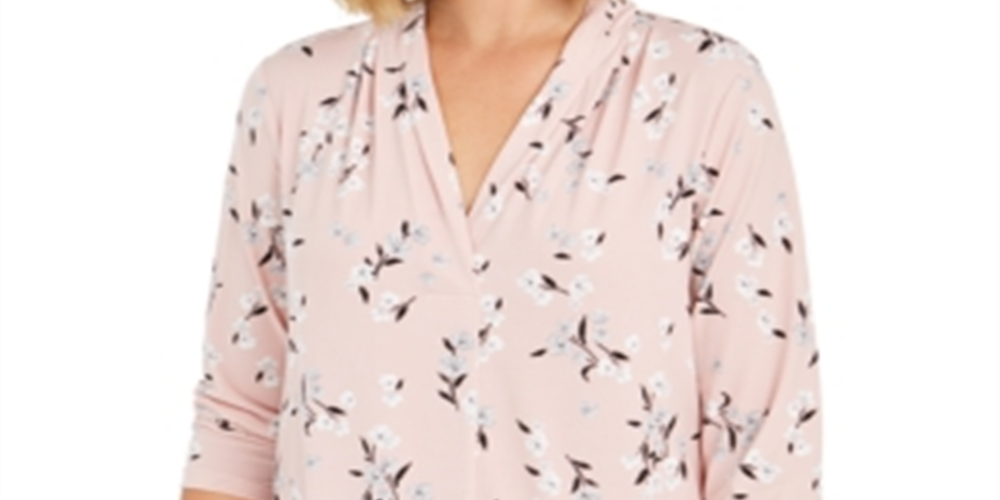 Charter Club Women's Floral Print V Neck Top Pink Size Petite Large