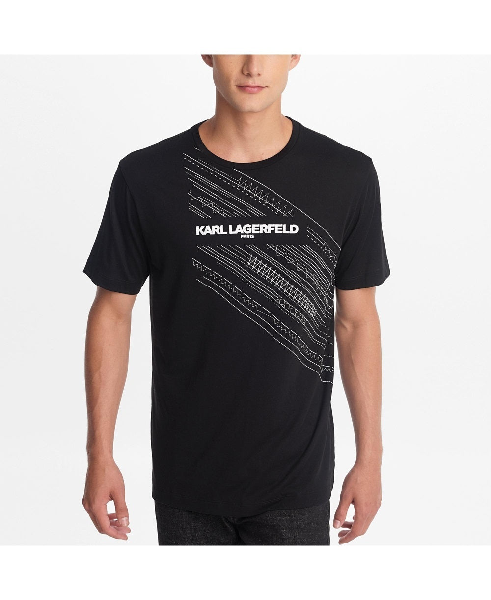 Karl Lagerfeld Paris Men's Crew Neck T-Shirt With Printed Logo And Emroidered Details Black Size XX-Large