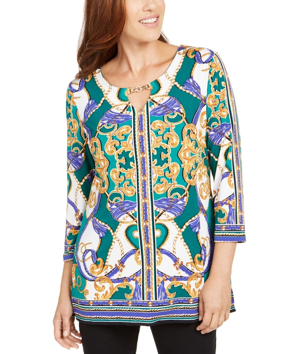 JM Collection Women's Hardware Trim Keyhole Neck Tunic Green Size Medium