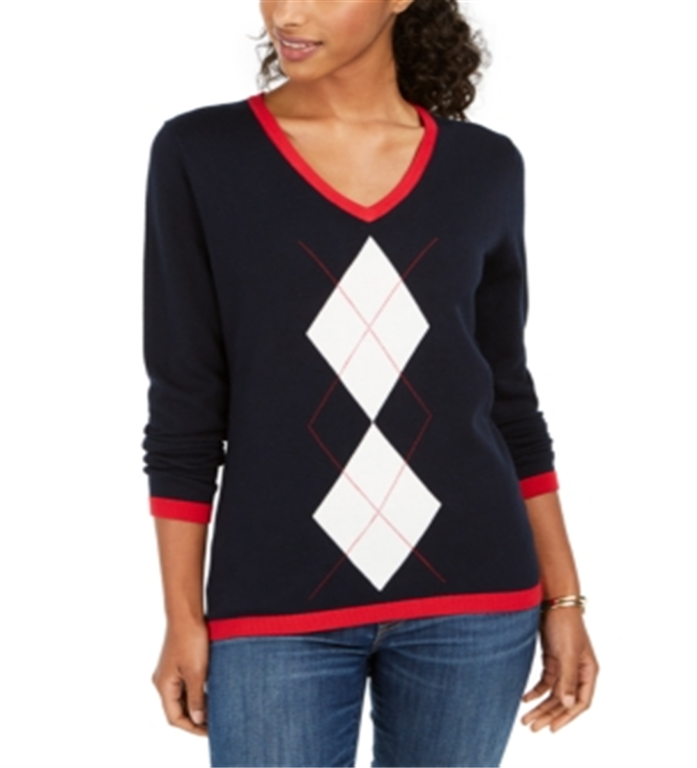 Tommy Hilfiger Women's Sport Long Sleeve Argyle Sweater Blue Size Large