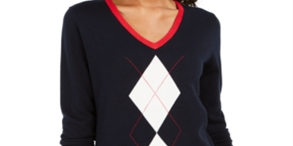 Tommy Hilfiger Women's Sport Long Sleeve Argyle Sweater Blue Size Large