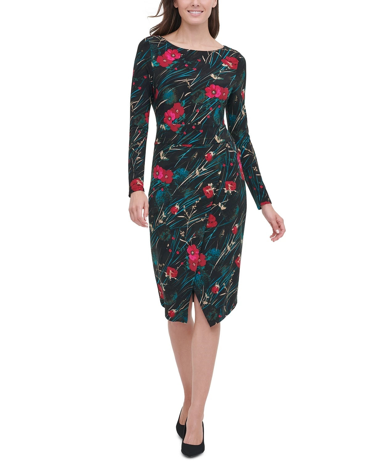 Tommy Hilfiger Women's Floral Long Sleeve Boat Neck Midi Sheath Dress Black Size 4