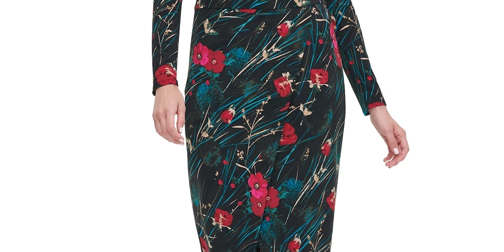 Tommy Hilfiger Women's Floral Long Sleeve Boat Neck Midi Sheath Dress Black Size 4