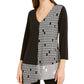 Alfani Women's Mixed Print Asymmetrical Hem Top Black- White Size Petite S
