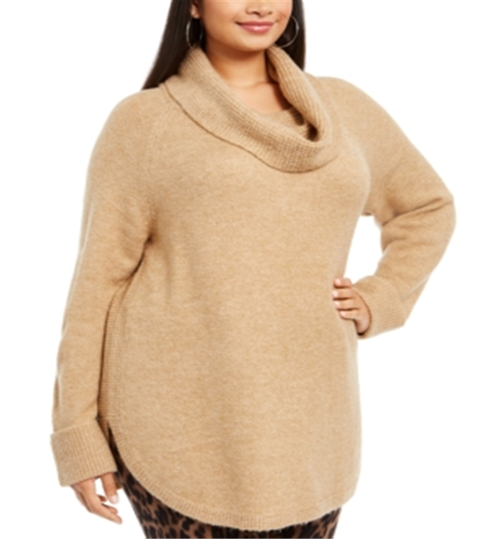 Style & Co Women's Plus Waffle Knit Trim Cowlneck Sweater Brown Size -0X