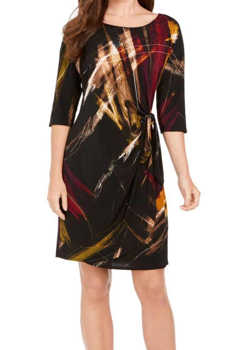 Robbie Bee Women's Printed Faux Wrap Dress Black Size Petite L