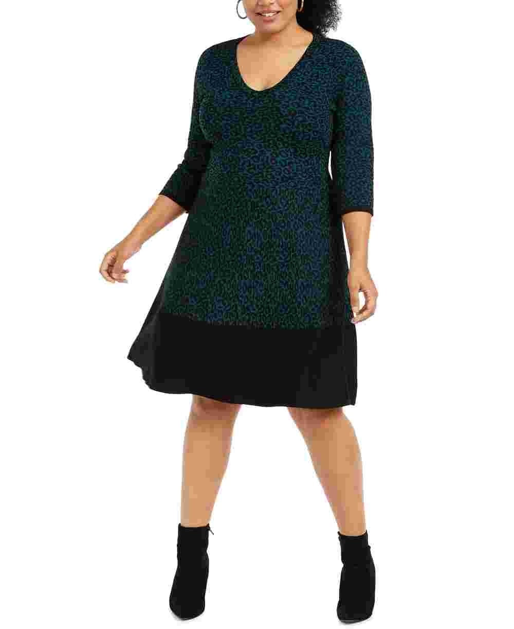Taylor Women's Plus Size Animal Print Sweater Dress Green Size XXX-Large