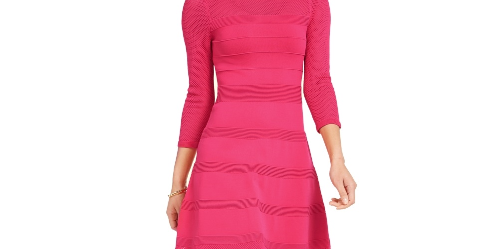 Vince Camuto Women's Mix Stitch Pointelle Fit & Flare Dress Pink Size Large