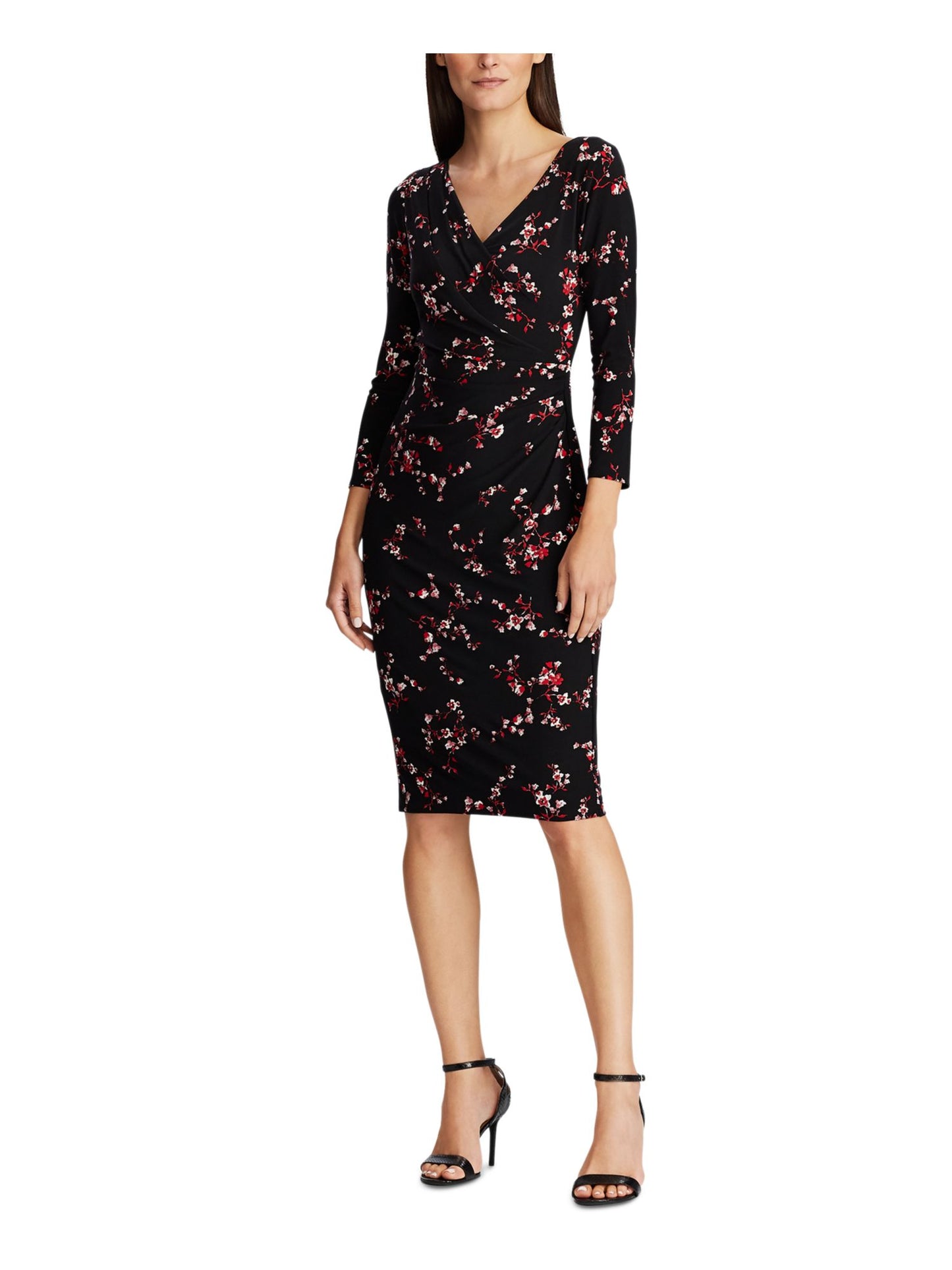 Ralph Lauren Women's Floral 3/4 Sleeve V Neck Above the Knee Sheath Party Dress Black Size 16
