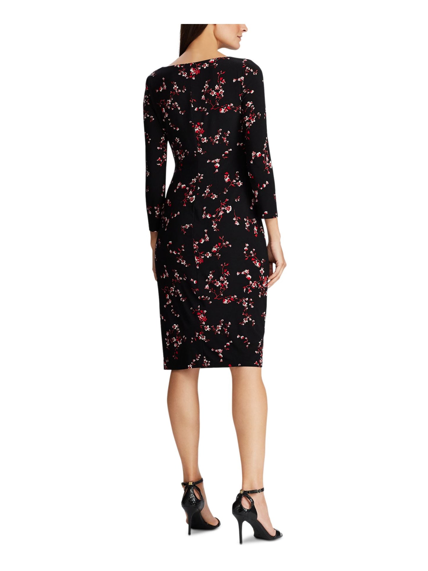 Ralph Lauren Women's Floral 3/4 Sleeve V Neck Above the Knee Sheath Party Dress Black Size 16