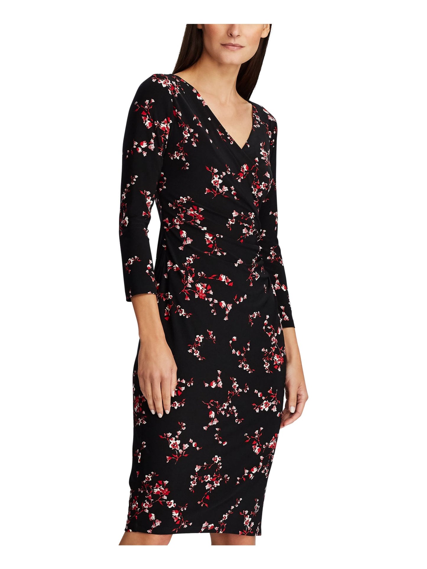 Ralph Lauren Women's Floral 3/4 Sleeve V Neck Above the Knee Sheath Party Dress Black Size 16