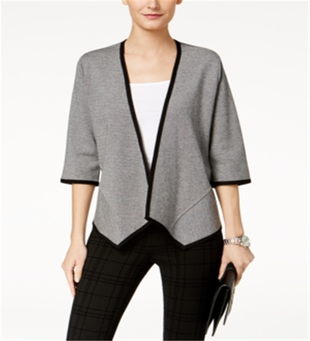 Alfani Women's Drape front 3/4 Sleeve Open Cardigan Top Black-Gray Size Petite Medium