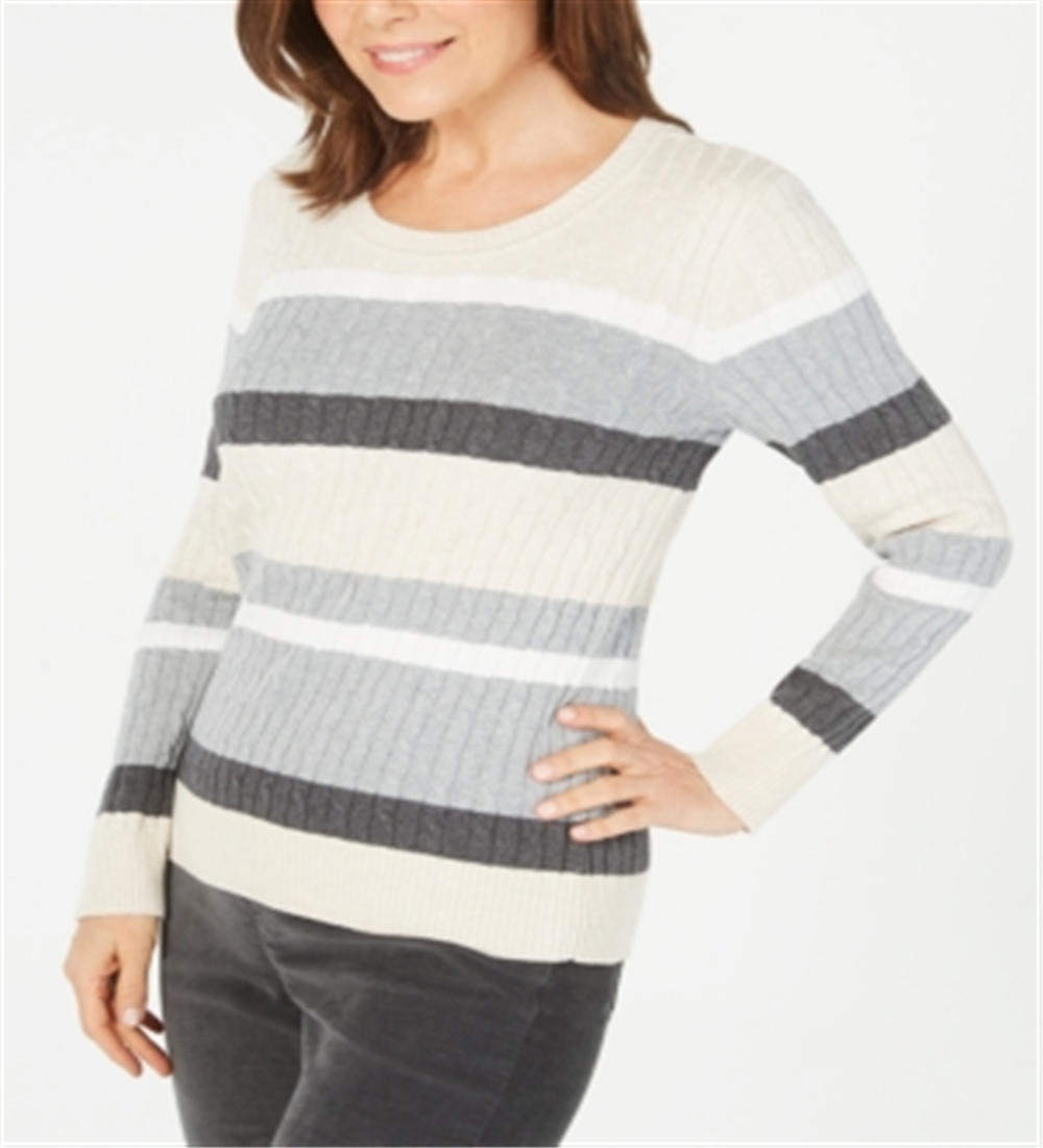 Karen Scott Women's Cotton Striped Cable Knit Sweater Brown Multi  Size Petite S