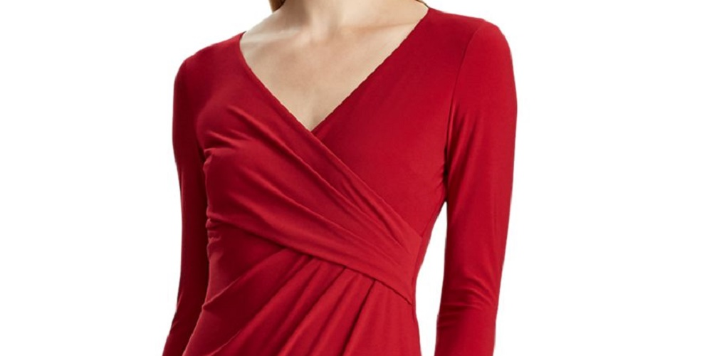 Ralph Lauren Women's Red Long Sleeve V Neck Above The Knee Sheath Cocktail Dress Red Size 2 Petite