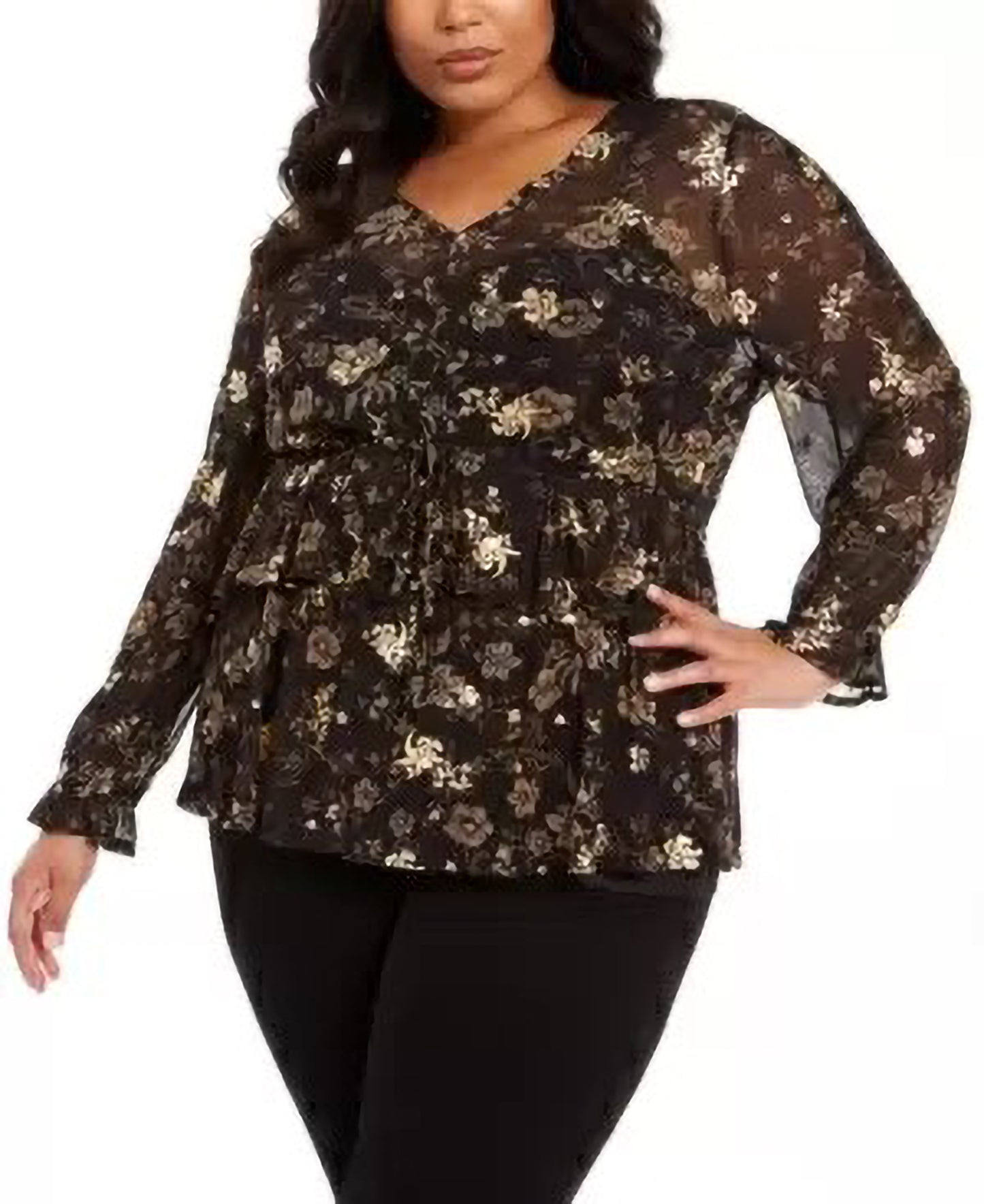 Style & Co Women's Plus Floral Print Ruffled Top Black Size 0X