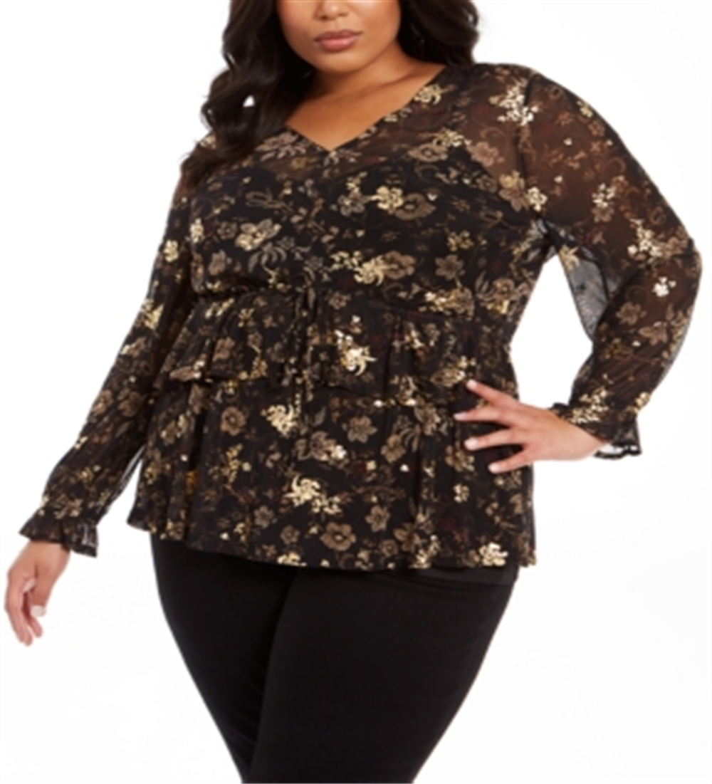 Style & Co Women's Plus Floral Print Ruffled Top Black Size 0X