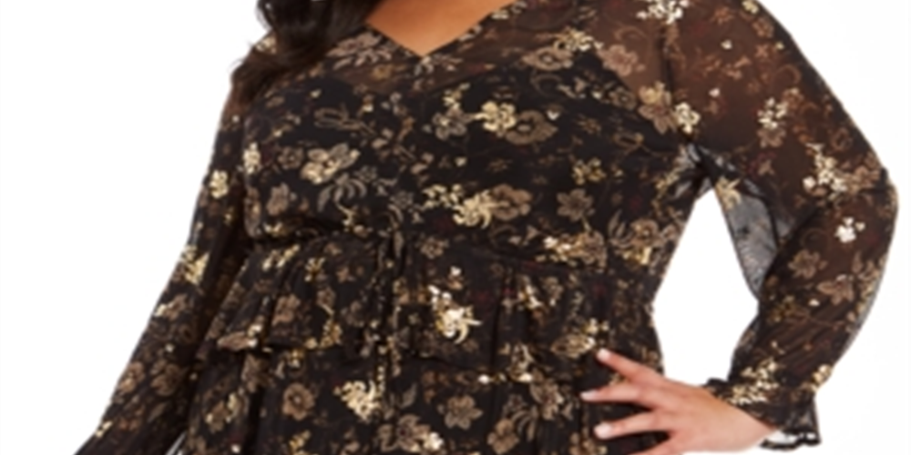 Style & Co Women's Plus Floral Print Ruffled Top Black Size 0X
