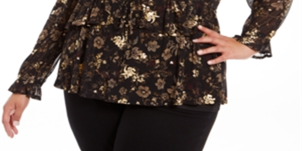 Style & Co Women's Plus Floral Print Ruffled Top Black Size 0X