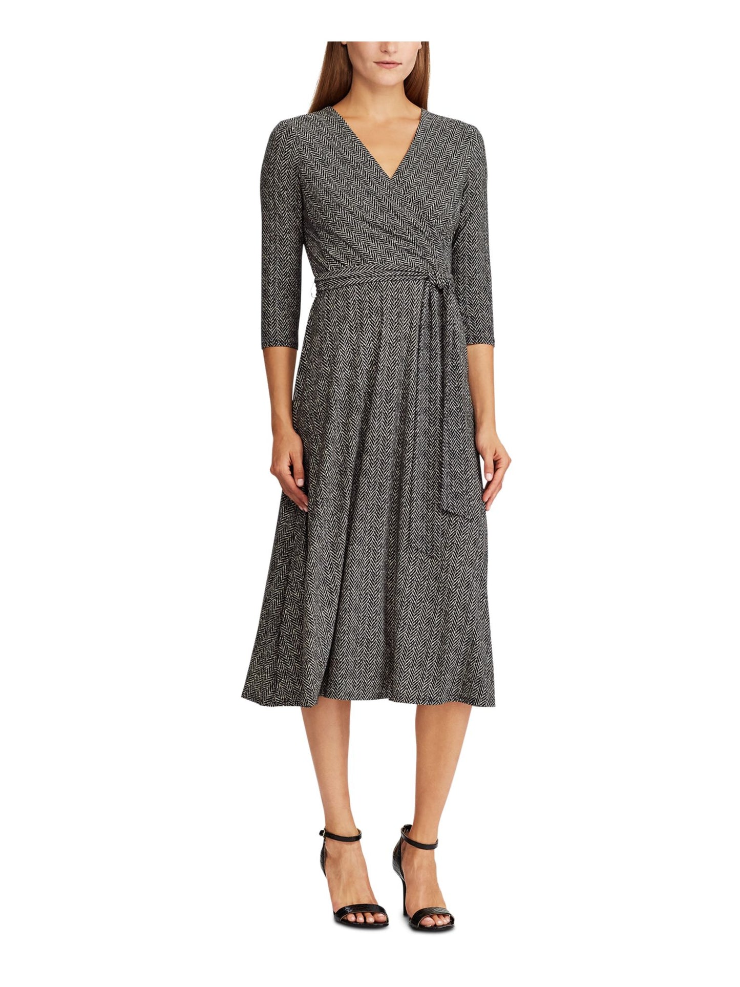 Ralph Lauren Women's 3/4 Sleeve MIDI Faux Wrap Dress Black Size 18
