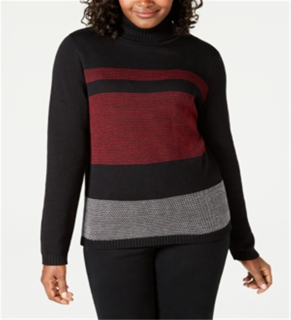 Karen Scott Women's Colorblocked Cotton Turtleneck Sweater Black-Red Size Petite L