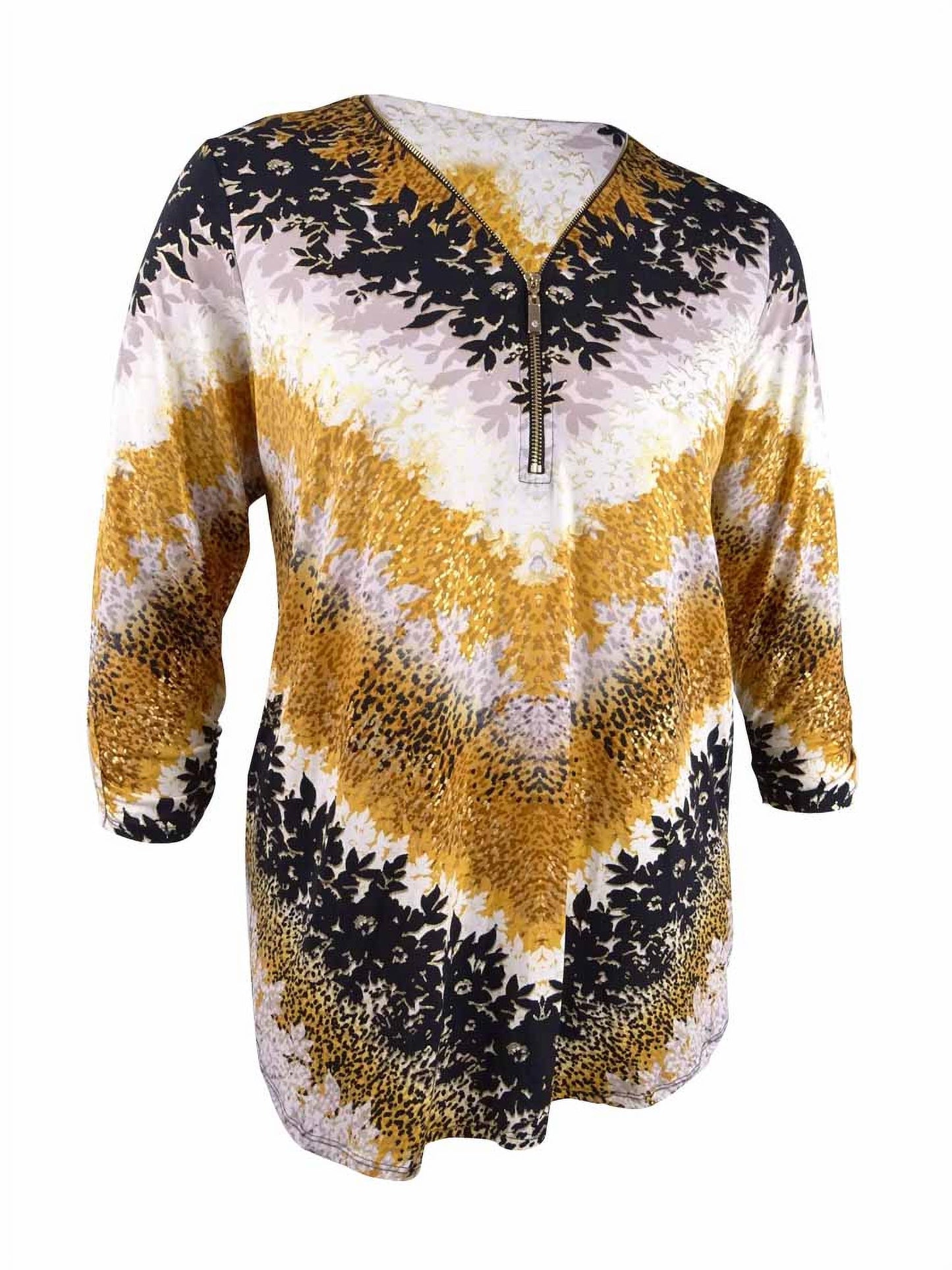 JM Collection Women's Printed Zip Neck Tunic Yellow Size 0X