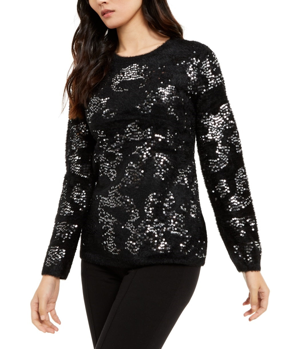 Alfani Women's Embellished Eyelash Sweater Black Size Medium