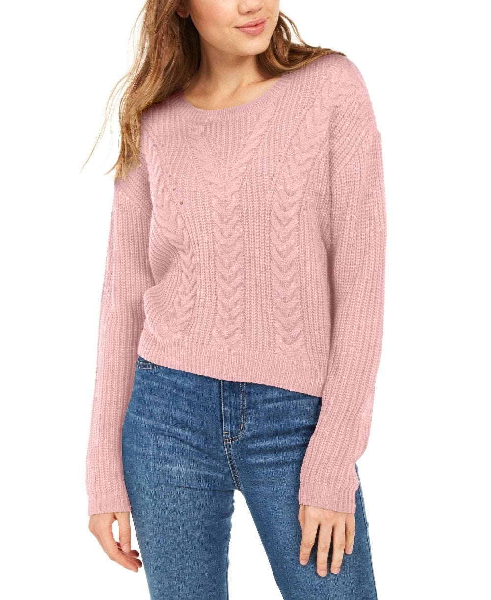 Crave Fame Women's Lace-Up Back Cable Sweater Pink Size X-Small