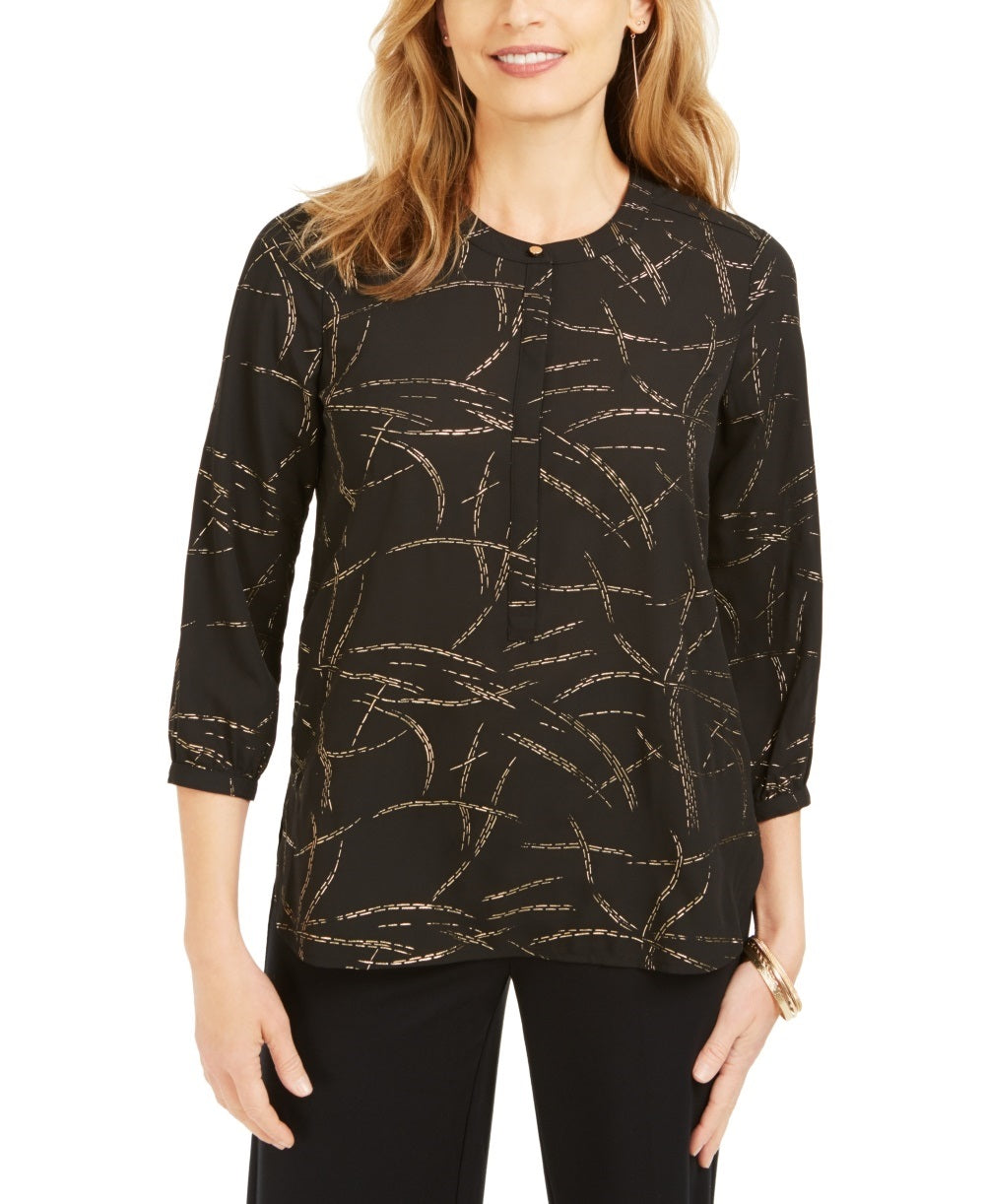 JM Collection Women's Printed Pleated-Back Blouse Black Size Large