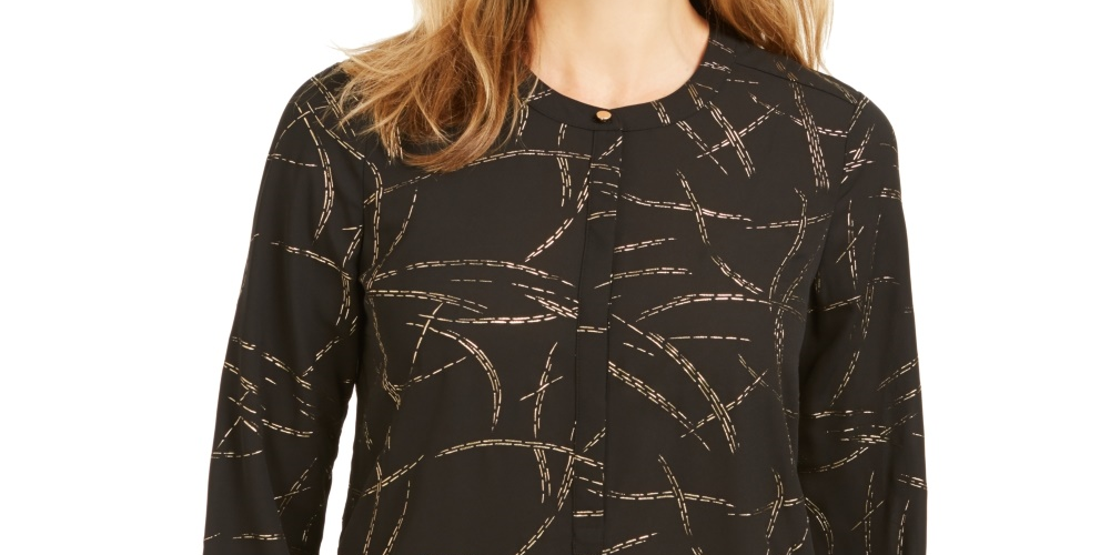 JM Collection Women's Printed Pleated-Back Blouse Black Size Large
