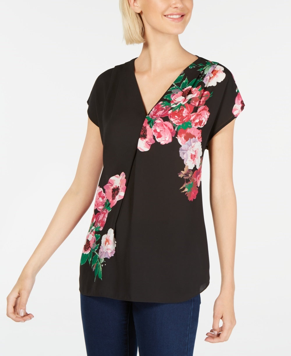 INC International Concepts Women's Petite Floral-Print V-Neck Top Black Size PM