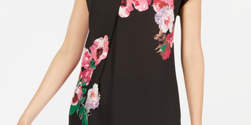 INC International Concepts Women's Petite Floral-Print V-Neck Top Black Size PM