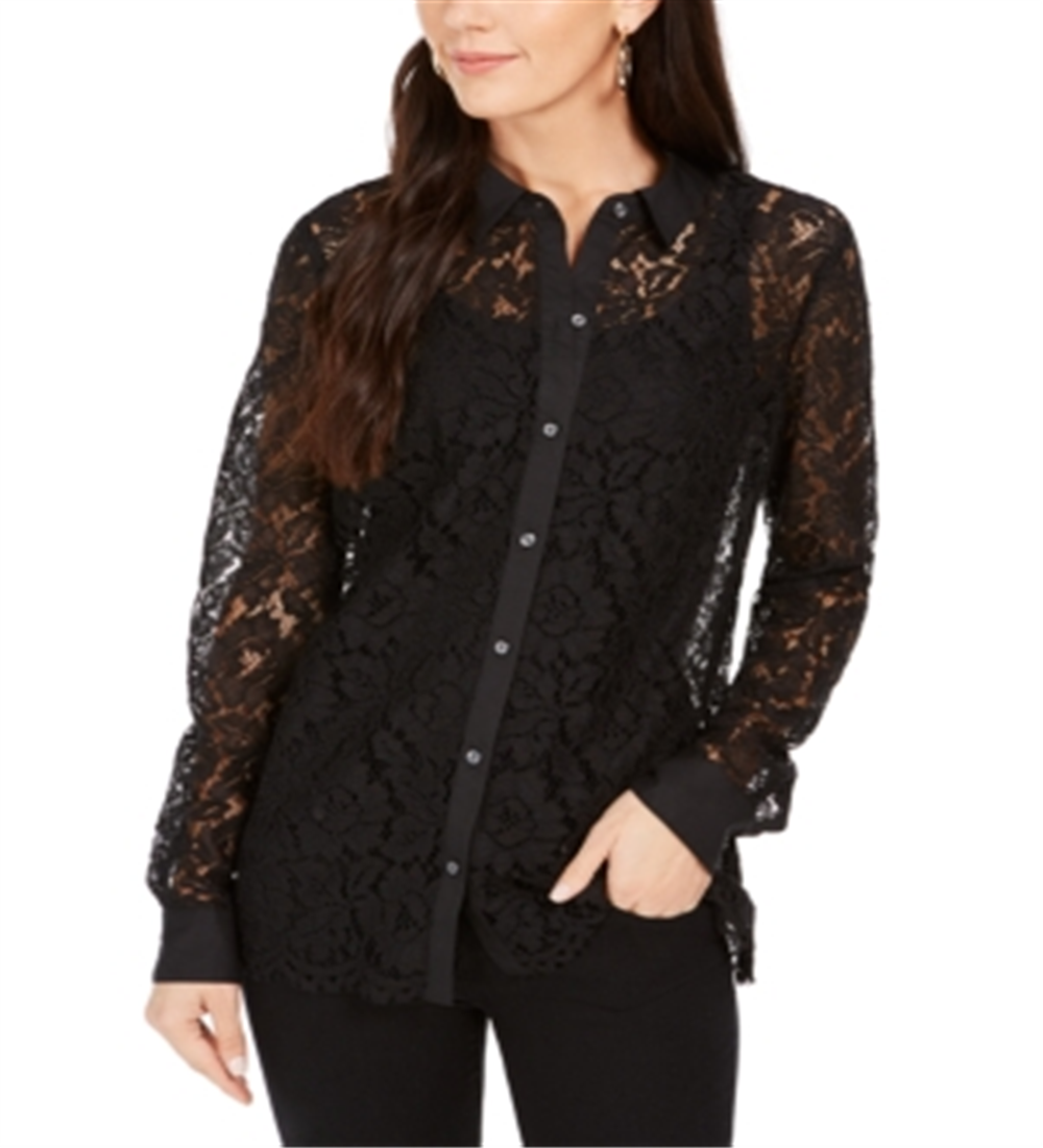 Charter Club Women's Lace Button up Shirt Black Size Petite Small