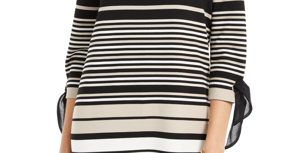 Charter Club Women's Striped Tie-Sleeve Top  Black Size X-Large