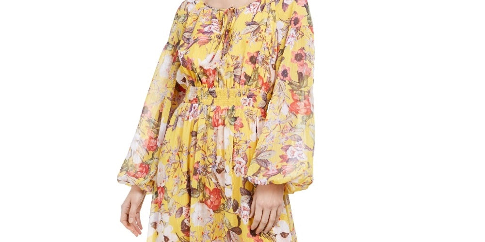 INC International Concepts Women's Printed Peasant Maxi Dress Yellow Size X-Small