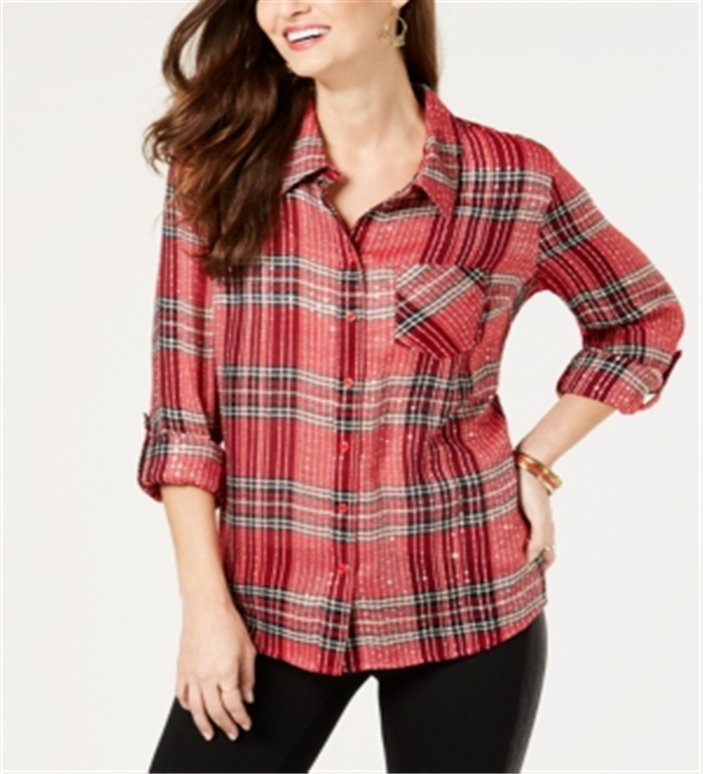 Style & Co Women's Sequined Plaid Shirt Red Size -Petite S