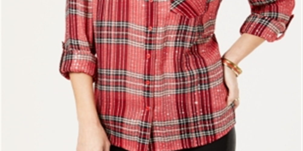 Style & Co Women's Sequined Plaid Shirt Red Size -Petite S