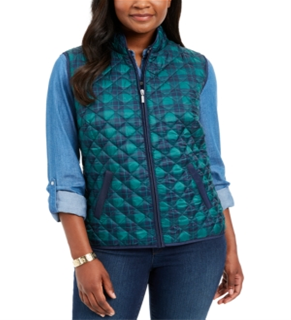 Karen Scott Women's Plaid Puffer Vest Green Size Petite S