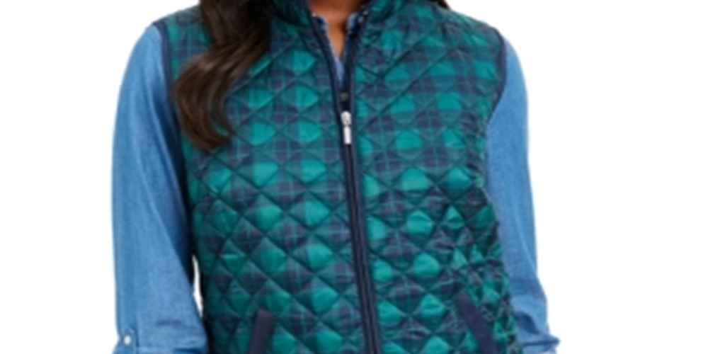 Karen Scott Women's Plaid Puffer Vest Green Size Petite S