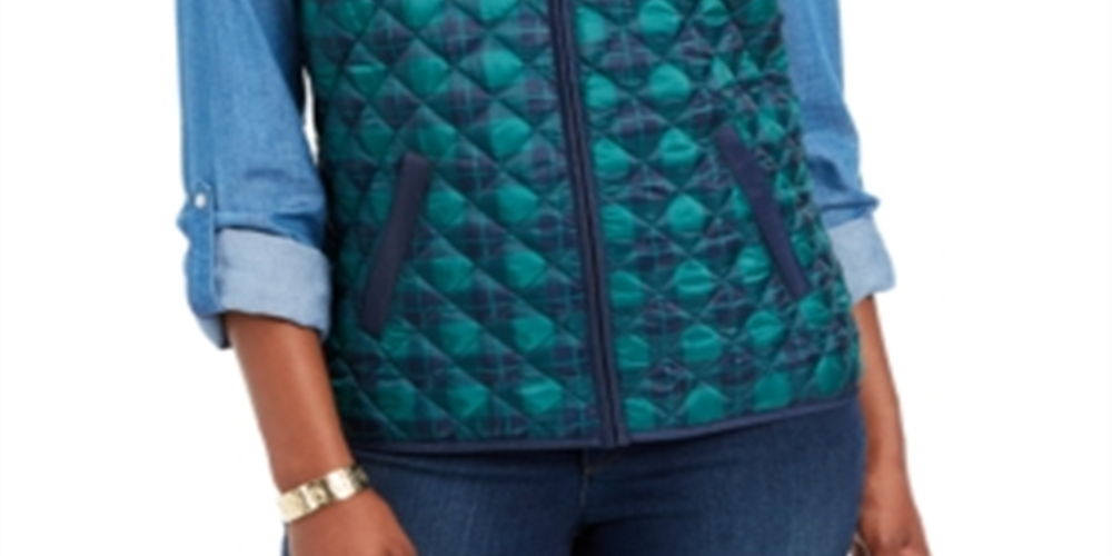 Karen Scott Women's Plaid Puffer Vest Green Size Petite S
