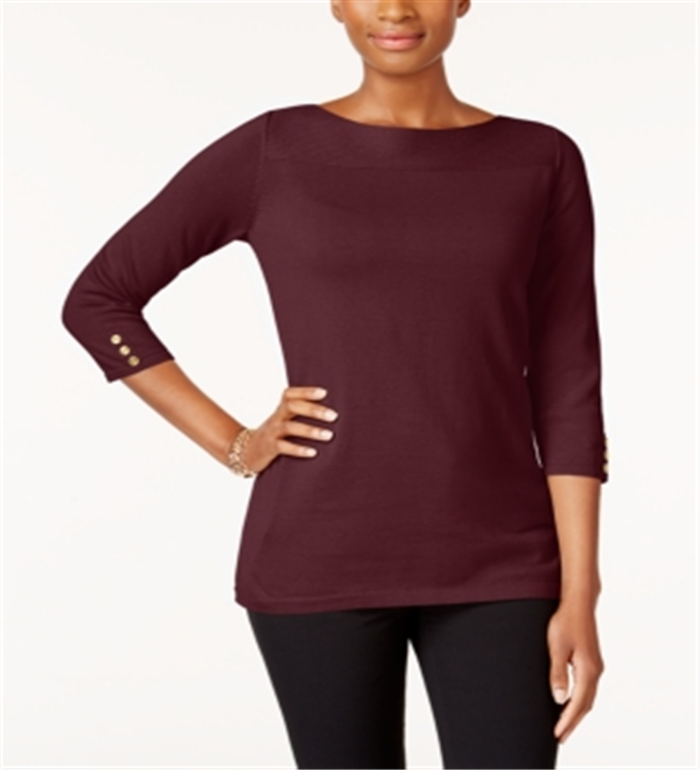Karen Scott Women's Cotton Button Trim Sweater Maroon Size Petite XL